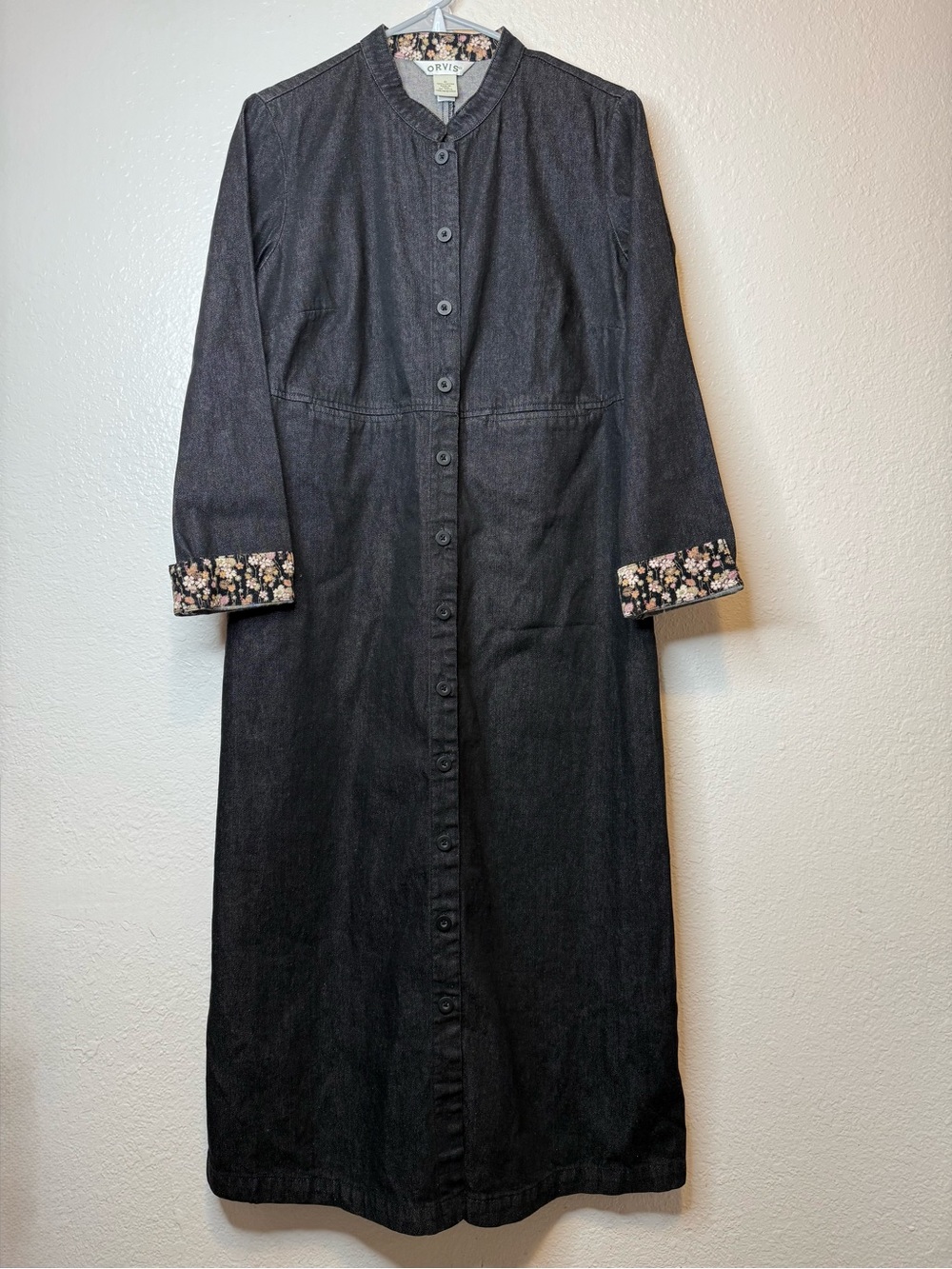 Orvis Women's Black Denim Button Midi Dress with Corduroy Floral Accents Size 8
